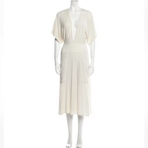 Reformation Midi Dress Linen Blend Plunge V-Neck Texture Knit Ivory XS Stretchy